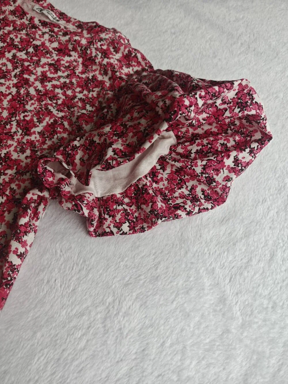 ZARA Floral Puff Sleeve Top Red Pink Fitted Blouse Size M Romantic Cottagecore S